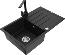 Mexen Bruno granitový dřez 1-komorový s odkapávačem a kuchyňskou baterií Rita, černý - 6513-77-670300-70