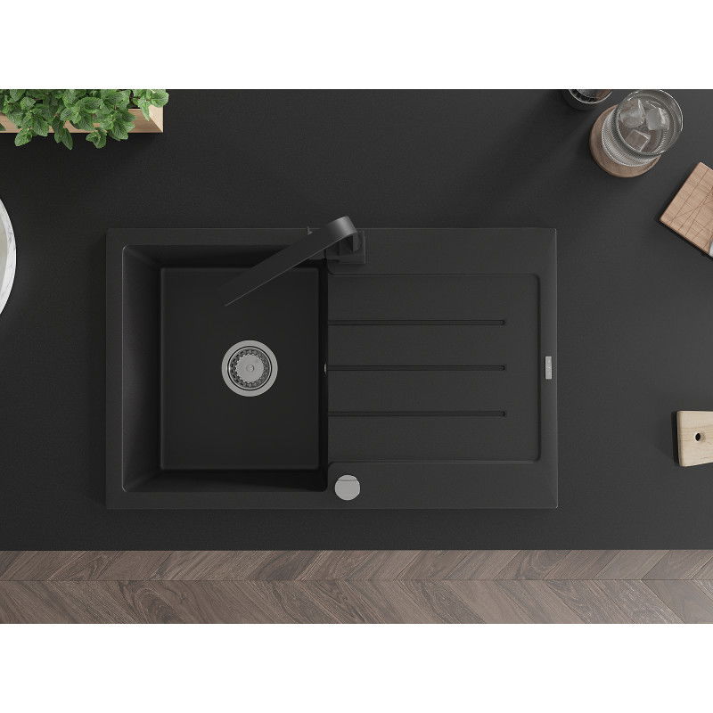 Mexen Bruno granitový dřez 1-komorový s odkapávačem a kuchyňskou baterií Rita, černý - 6513-77-670300-70