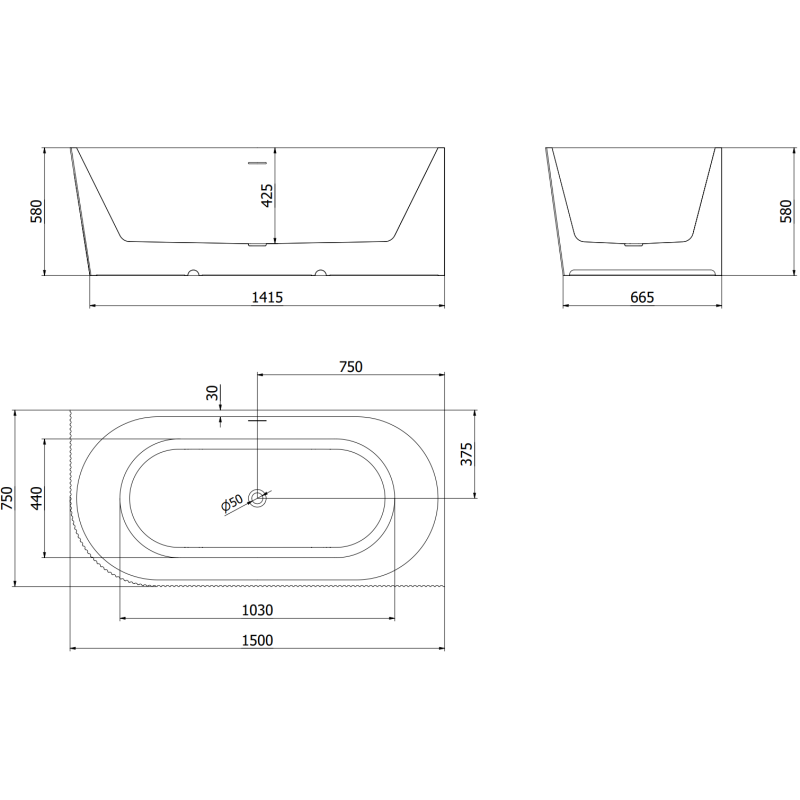 Mexen Silo volně stojící rohová vana pravá, drážkovaná 150 x 75 cm, bílá, bílý přepad - 52891507500P-20