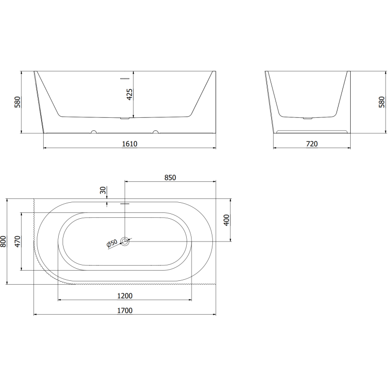 Mexen Silo volně stojící rohová pravá vana žebrovaná 170 x 80 cm, bílá/černá, přepad kartáčovaný nikl