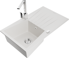 Mexen Cesar granitový dřez 1-komorový s odkapávačem a kuchyňskou baterií Rita, bílý - 6514-20-670300-00