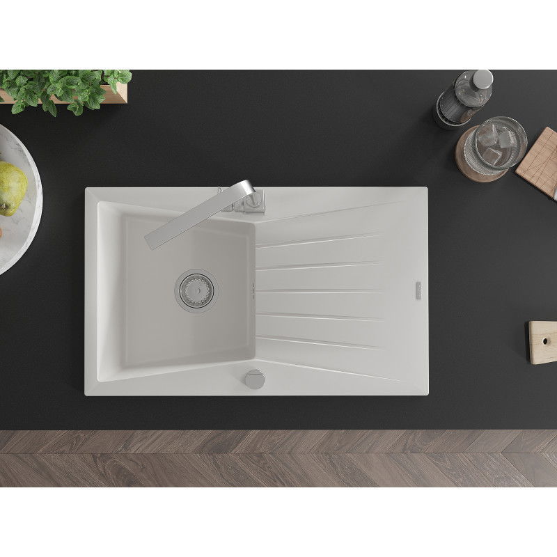 Mexen Cesar granitový dřez 1-komorový s odkapávačem a kuchyňskou baterií Rita, bílý - 6514-20-670300-00