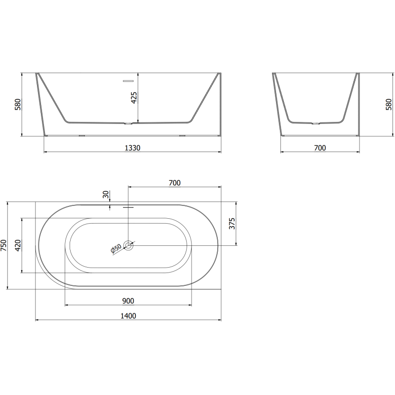 Mexen Mia volně stojící rohová vana pravá 140 x 75 cm, bílá, přepad černý - 52691407500P-70