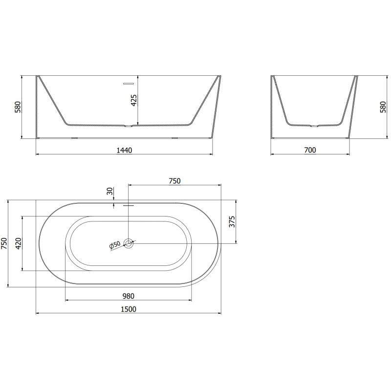 Mexen Mia volně stojící rohová vana levá 150 x 75 cm, bílá, zlatý kartáčovaný přepad - 52691507500L-55