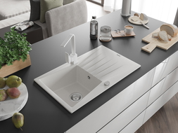 Mexen Cesar granitový dřez 1-komorový s odkapávačem a kuchyňskou baterií Rita, bílá - 6514-20-670300-20