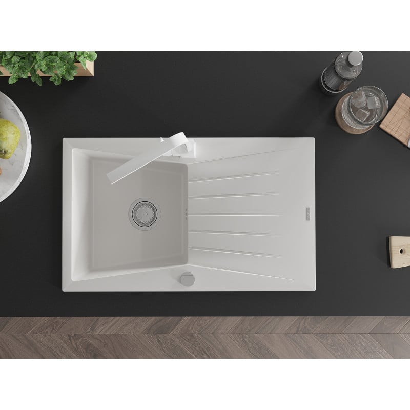 Mexen Cesar granitový dřez 1-komorový s odkapávačem a kuchyňskou baterií Rita, bílá - 6514-20-670300-20