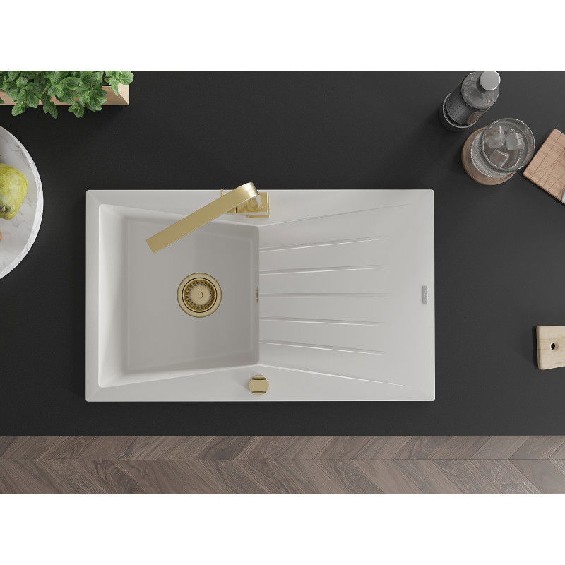 Mexen Cesar granitový dřez 1-komorový s odkapávačem a kuchyňskou baterií Rita, bílý - 6514-20-670300-50