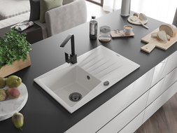 Mexen Cesar granitový dřez 1-komorový s odkapávačem a kuchyňskou baterií Rita, bílý - 6514-20-670300-70