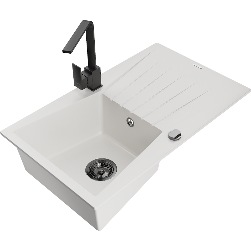 Mexen Cesar granitový dřez 1-komorový s odkapávačem a kuchyňskou baterií Rita, bílý - 6514-20-670300-70