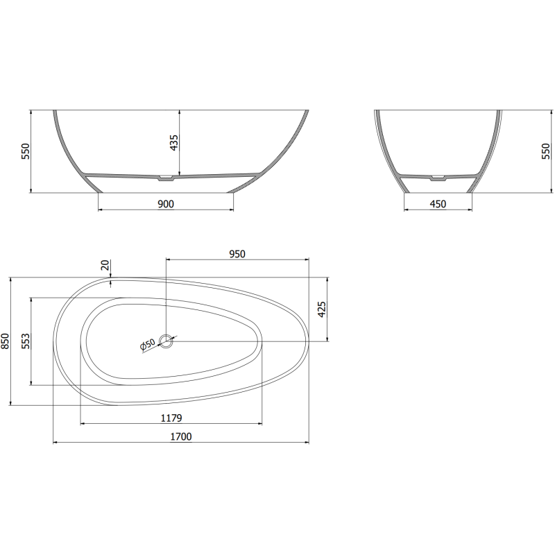 Mexen Glass džínsová volně stojící vana průhledná 170 x 85 cm, chromový uzávěr - 58061708507