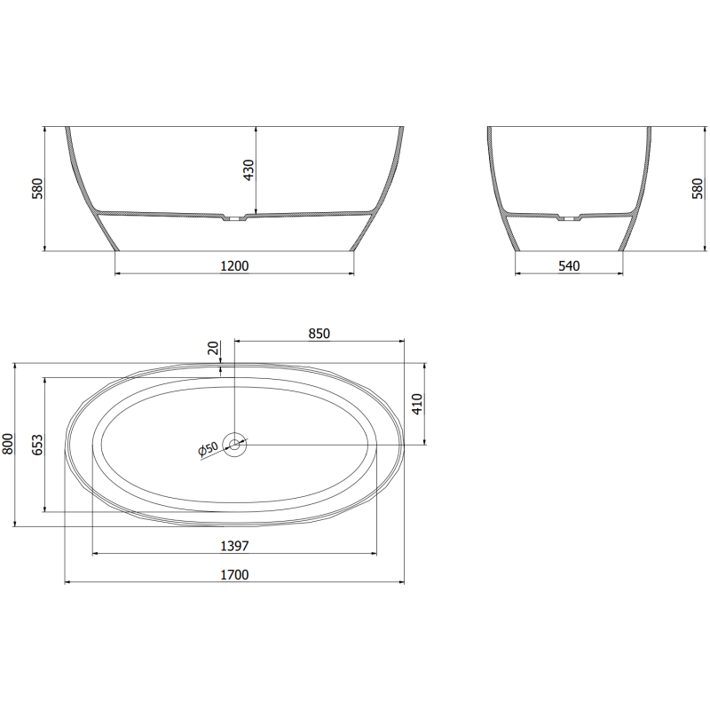 Mexen Orax černá vana volně stojící transparentní 170 x 80 cm, zástrčka chrom - 58081708013