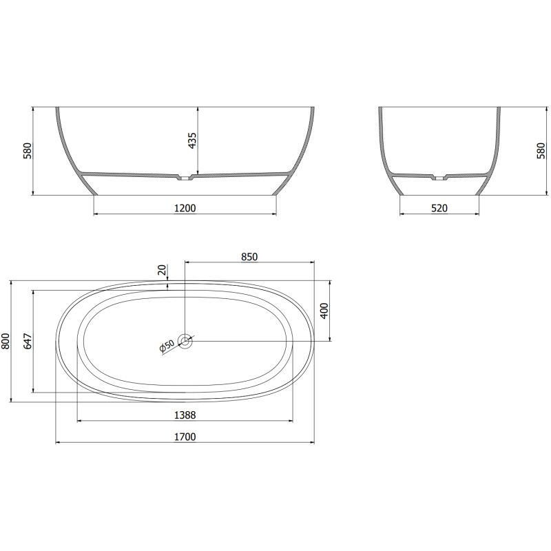 Mexen Pure safírová volně stojící vana průhledná 170 x 80 cm, chromová zátka - 58071708016