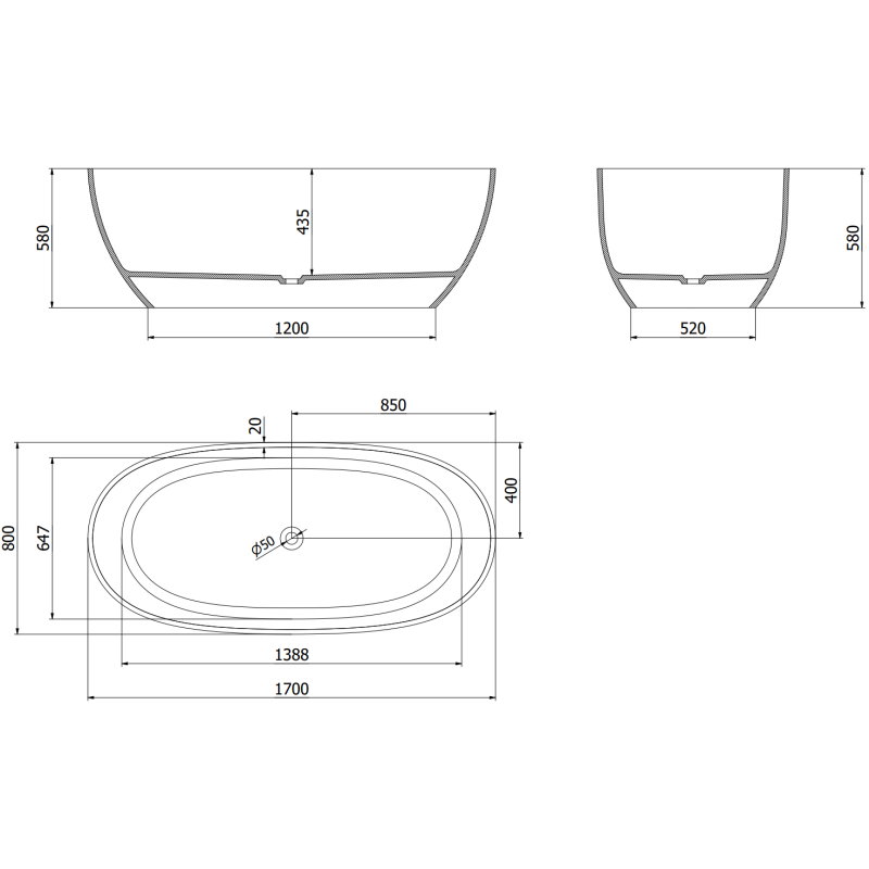 Mexen Pure bronzová volně stojící vana transparentní 170 x 80 cm, uzávěr chrom - 58071708018