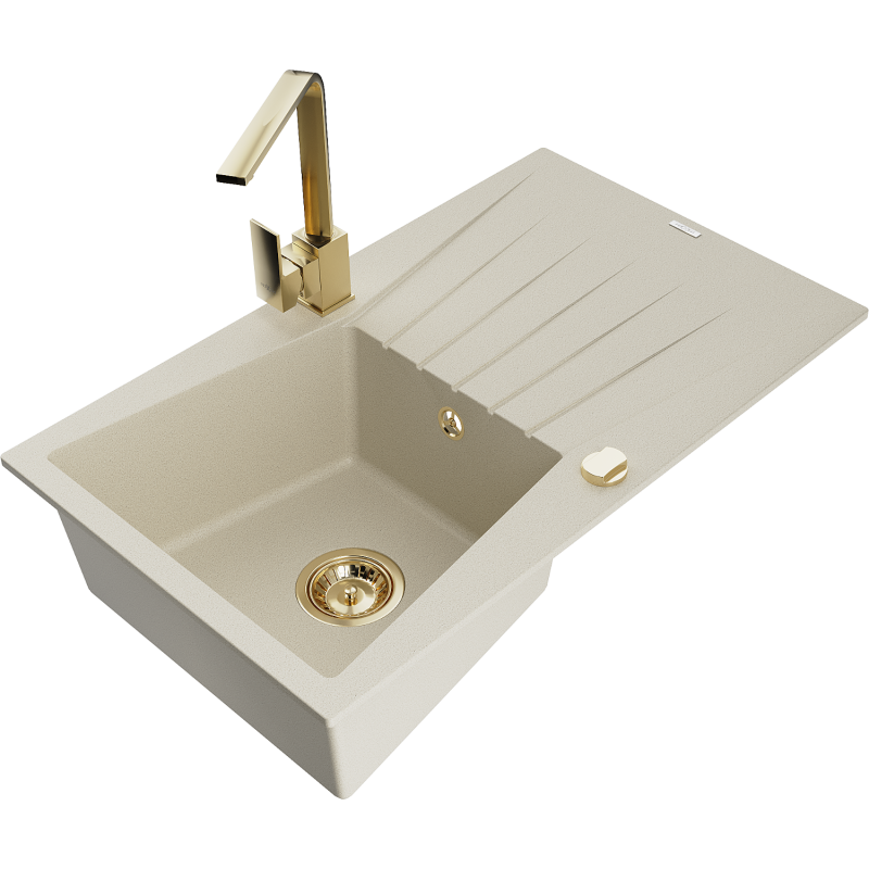 Mexen Cesar granitový dřez 1-komorový s odkapávačem a kuchyňskou baterií Rita, béžový - 6514-69-670300-50
