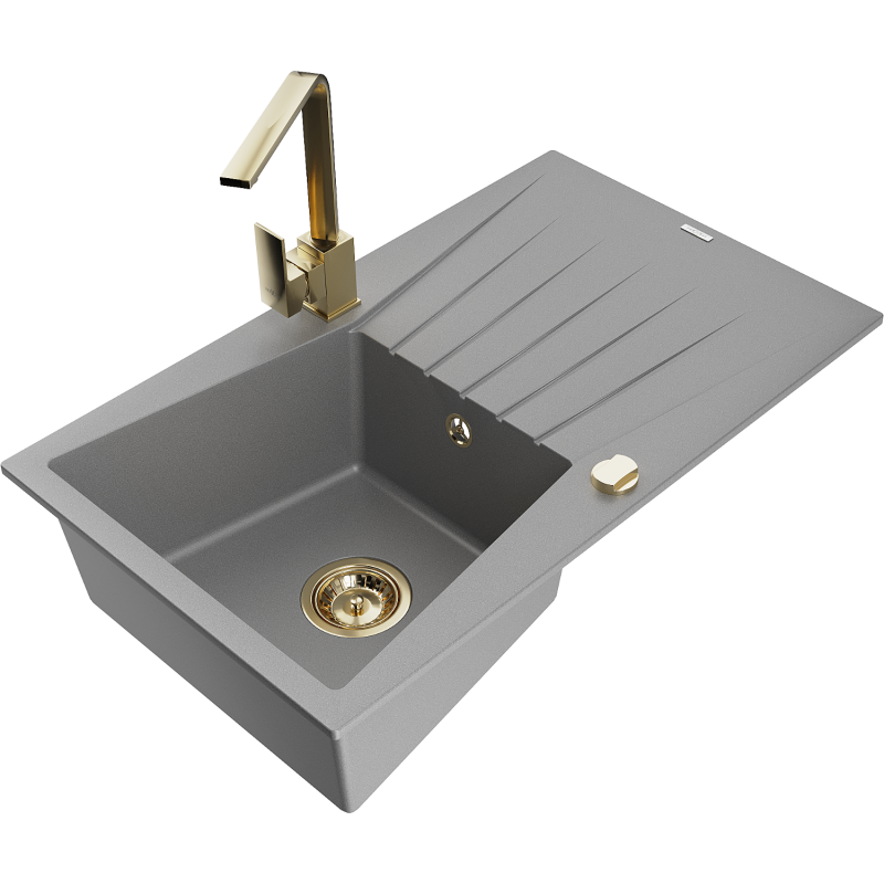 Mexen Cesar jednokomorový granitový dřez s odkapávačem a kuchyňskou baterií Rita, šedý - 6514-71-670300-50