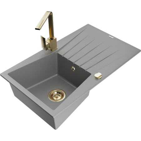Mexen Cesar jednokomorový granitový dřez s odkapávačem a kuchyňskou baterií Rita, šedý - 6514-71-670300-50