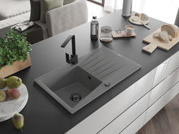 Mexen Cesar granitový dřez 1-komorový s odkapávačem a kuchyňskou baterií Rita, šedý - 6514-71-670300-70-B