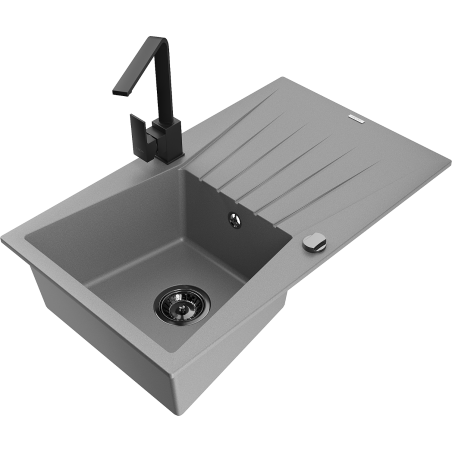 Mexen Cesar granitový dřez 1-komorový s odkapávačem a kuchyňskou baterií Rita, šedý - 6514-71-670300-70-B
