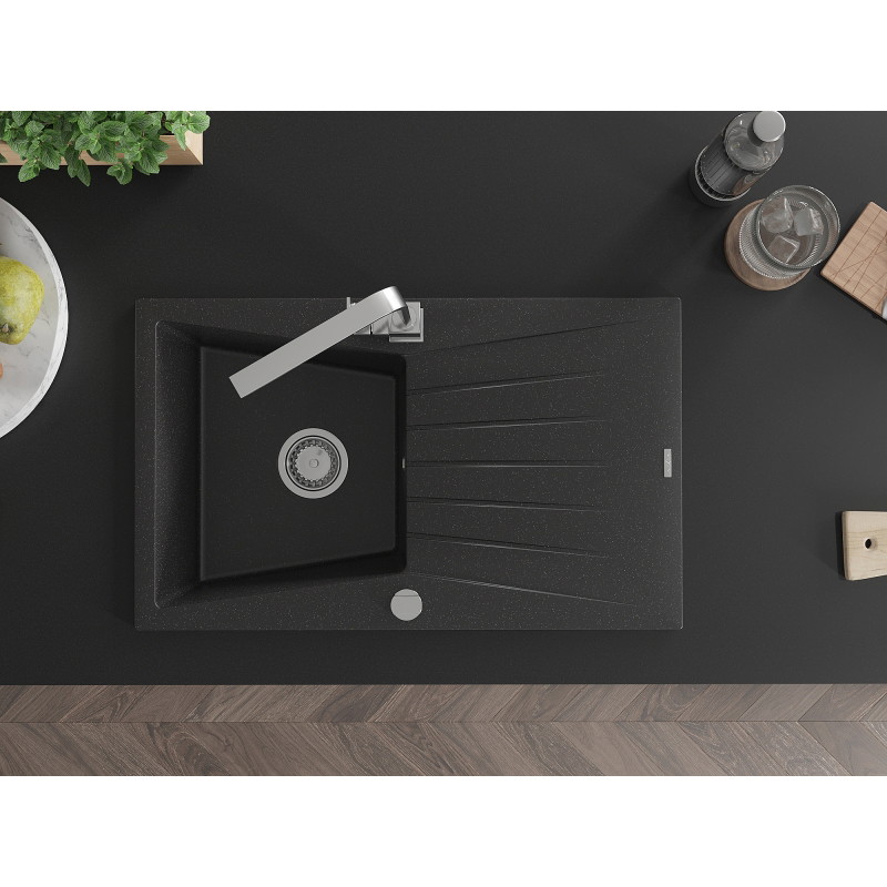 Mexen Cesar granitový dřez 1-komorový s odkapávačem a kuchyňskou baterií Rita, černý/stříbrný metalik