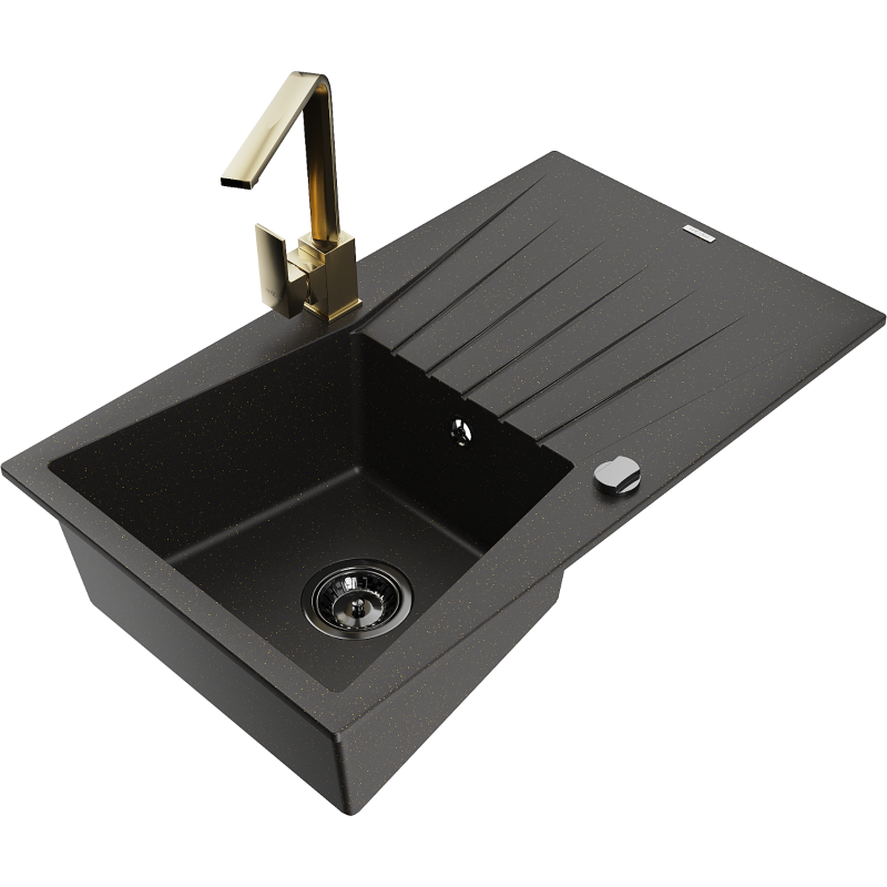 Mexen Cesar žulový dřez s 1 komorou s odkapávačem a kuchyňskou baterií Rita, černý/zlatý metalik - 6514-75-670300-50-B