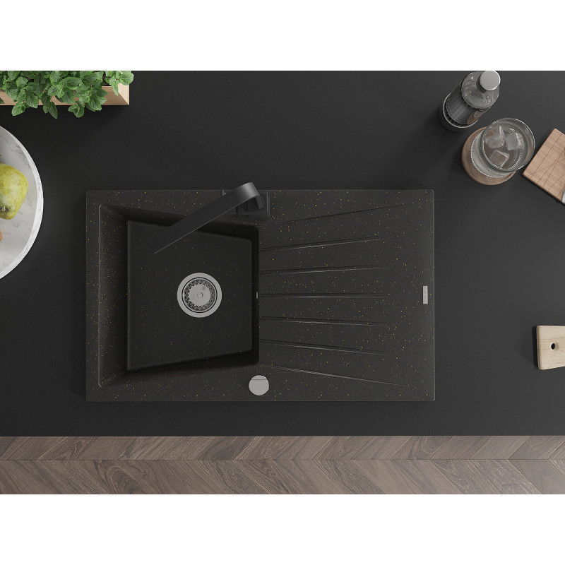 Mexen Cesar granitový dřez 1-komorový s odkapávačem a kuchyňskou baterií Rita, černý/zlatý metalik - 6514-75-670300-70