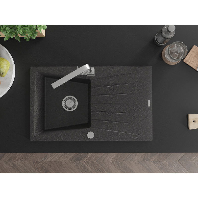 Mexen Cesar granitový kuchyňský dřez s 1 komorou, odkapávačem a kuchyňskou baterií Rita, černý s tečkami - 6514-76-670300-00