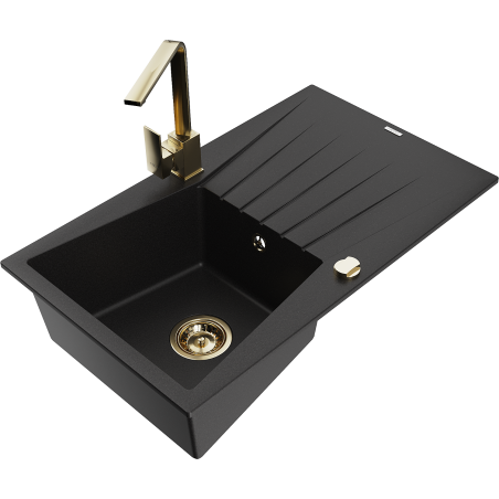 Mexen Cesar granitový kuchyňský dřez s 1 komorou a odkapávačem a kuchyňskou baterií Rita, černý - 6514-77-670300-50
