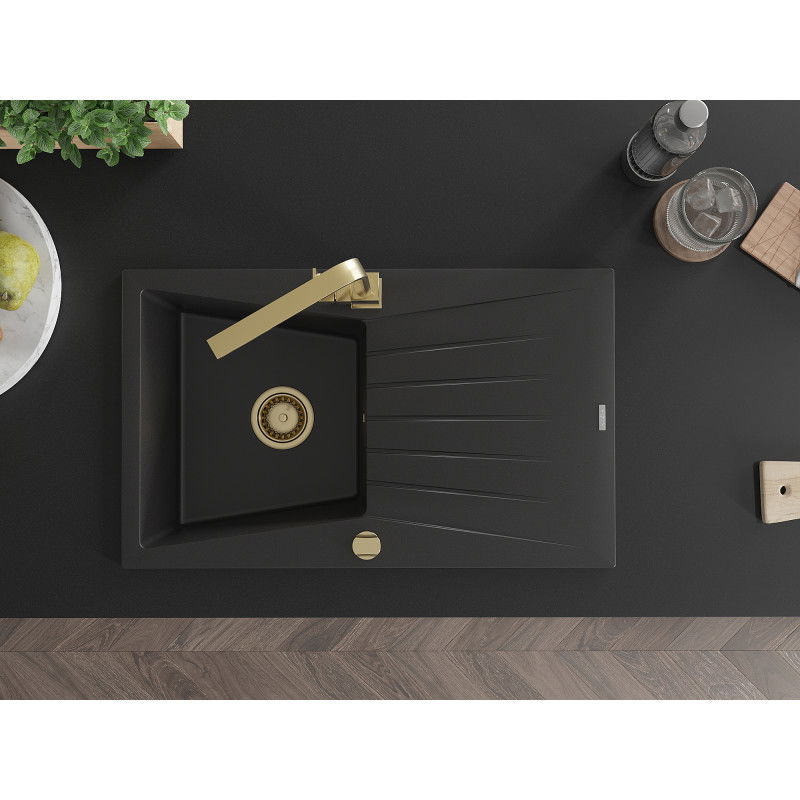 Mexen Cesar granitový kuchyňský dřez s 1 komorou a odkapávačem a kuchyňskou baterií Rita, černý - 6514-77-670300-50