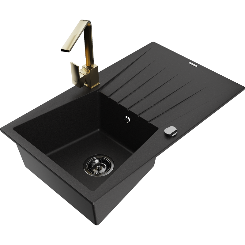 Mexen Cesar granitový dřez 1-komorový s odkapávačem a kuchyňskou baterií Rita, černý - 6514-77-670300-50-B