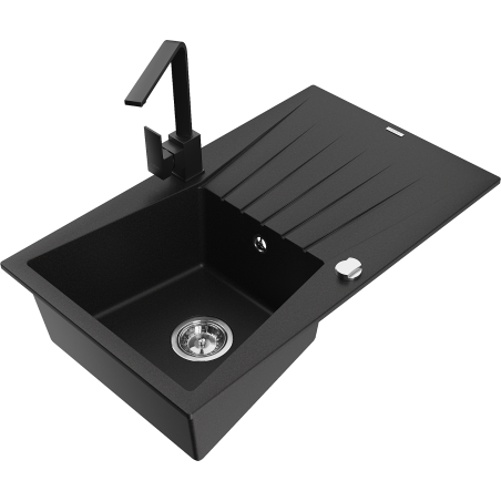 Mexen Cesar granitový dřez 1-komorový s odkapávačem a kuchyňskou baterií Rita, černý - 6514-77-670300-70