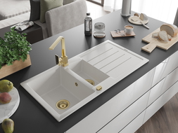 Mexen Andres granitový dřez 1,5-komorový s odkapávačem a kuchyňskou baterií Rita, bílý - 6515-20-670300-50