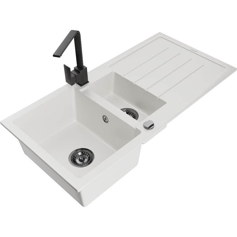 Mexen Andres granitový dřez 1,5-komorový s odkapávačem a kuchyňskou baterií Rita, bílý - 6515-20-670300-70