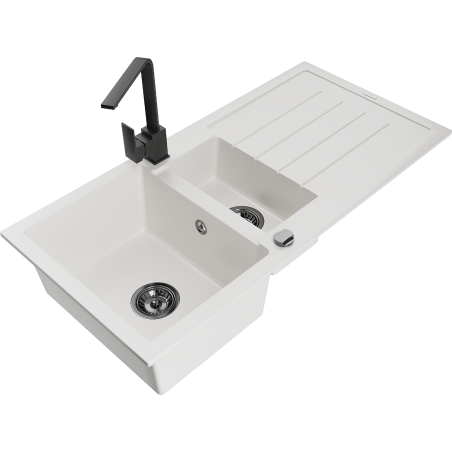 Mexen Andres granitový dřez 1,5-komorový s odkapávačem a kuchyňskou baterií Rita, bílý - 6515-20-670300-70