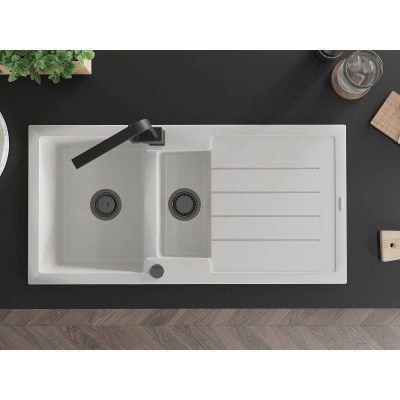 Mexen Andres granitový dřez 1,5-komorový s odkapávačem a kuchyňskou baterií Rita, bílý - 6515-20-670300-70