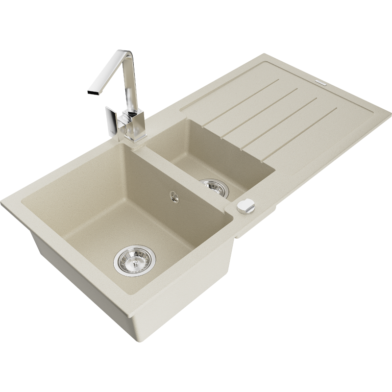 Mexen Andres granitový dřez 1,5 komorový s odkapávačem a kuchyňskou baterií Rita, béžový - 6515-69-670300-00