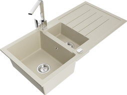 Mexen Andres granitový dřez 1,5 komorový s odkapávačem a kuchyňskou baterií Rita, béžový - 6515-69-670300-00
