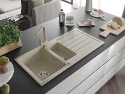 Mexen Andres granitový dřez 1,5-komorový s odkapávačem a kuchyňskou baterií Rita, béžový - 6515-69-670300-69