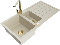 Mexen Andres granitový dřez 1,5-komorový s odkapávačem a kuchyňskou baterií Rita, béžový - 6515-69-670300-50