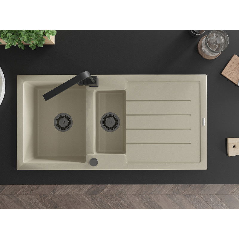 Mexen Andres granitový dřez 1,5-komorový s odkapávačem a kuchyňskou baterií Rita, béžový - 6515-69-670300-70