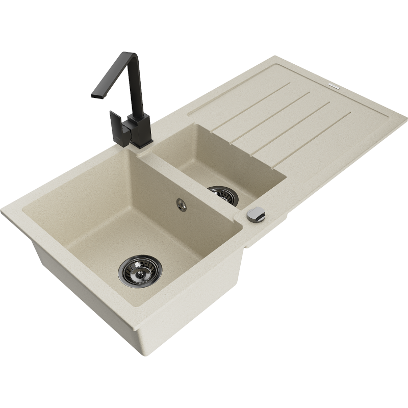 Mexen Andres granitový dřez 1,5-komorový s odkapávačem a kuchyňskou baterií Rita, béžový - 6515-69-670300-70