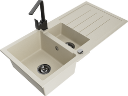 Mexen Andres granitový dřez 1,5-komorový s odkapávačem a kuchyňskou baterií Rita, béžový - 6515-69-670300-70