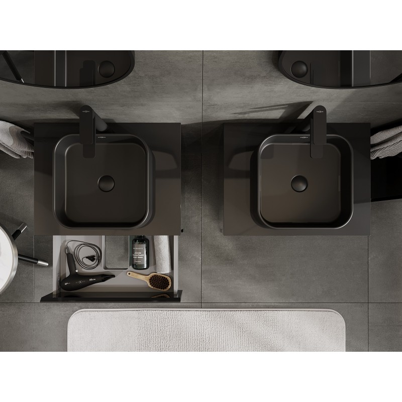 Mexen Orio koupelnová skříňka pod umyvadlo 60 cm s deskou, 2 zásuvky, černý lesk - 91A10-06047-2-BFFC70