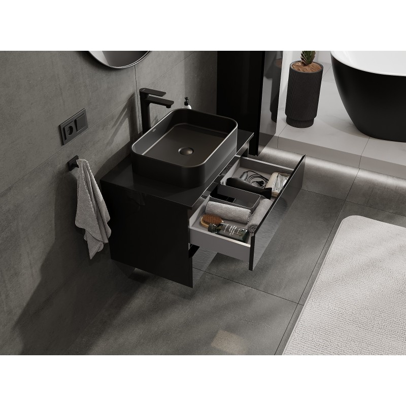 Mexen Orio koupelnová skříňka pod umyvadlo 70 cm s deskou, 2 zásuvky, černý lesk - 91A10-07047-2-BFFC70