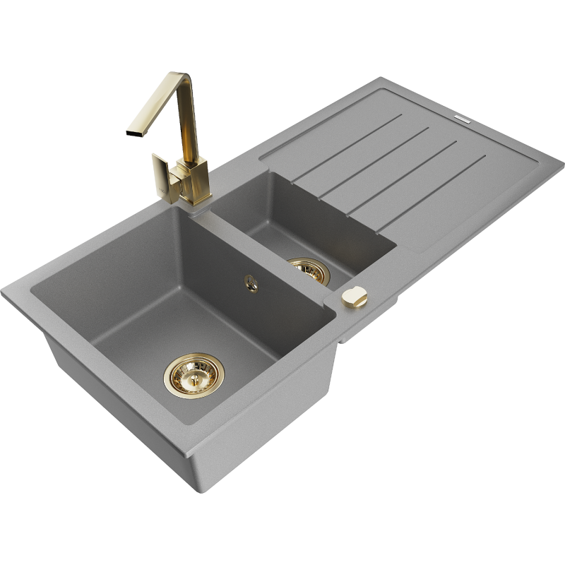 Mexen Andres granitový dřez 1,5-komorový s odkapávačem a kuchyňskou baterií Rita, šedý - 6515-71-670300-50