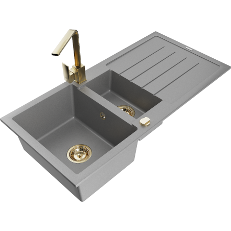Mexen Andres granitový dřez 1,5-komorový s odkapávačem a kuchyňskou baterií Rita, šedý - 6515-71-670300-50
