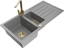 Mexen Andres granitový dřez 1,5-komorový s odkapávačem a kuchyňskou baterií Rita, šedý - 6515-71-670300-50
