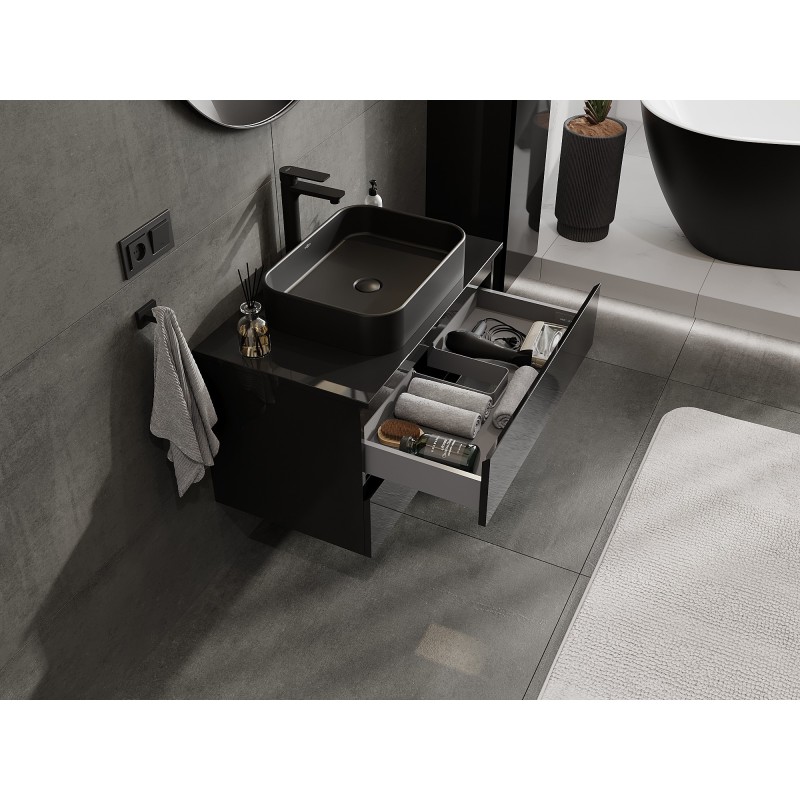 Mexen Orio koupelnová skříňka pod umyvadlo 80 cm s deskou, 2 zásuvky, černý lesk - 91A10-08047-2-BFFC70