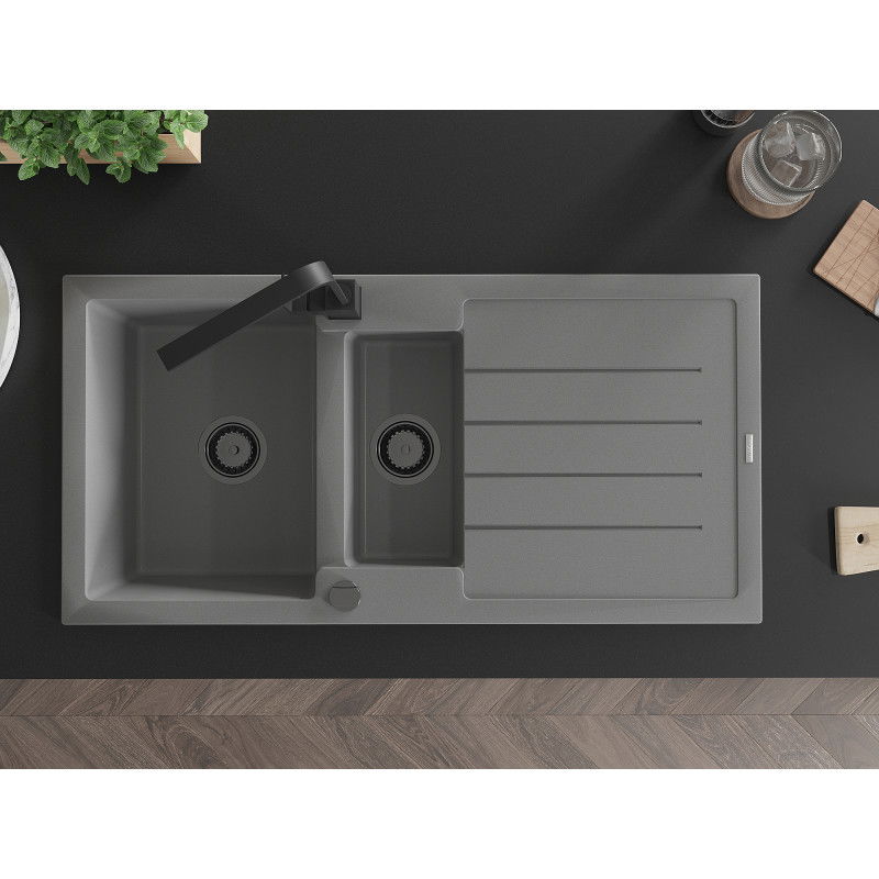 Mexen Andres granitový dřez 1,5-komorový s odkapávačem a kuchyňskou baterií Rita, šedý - 6515-71-670300-70-B