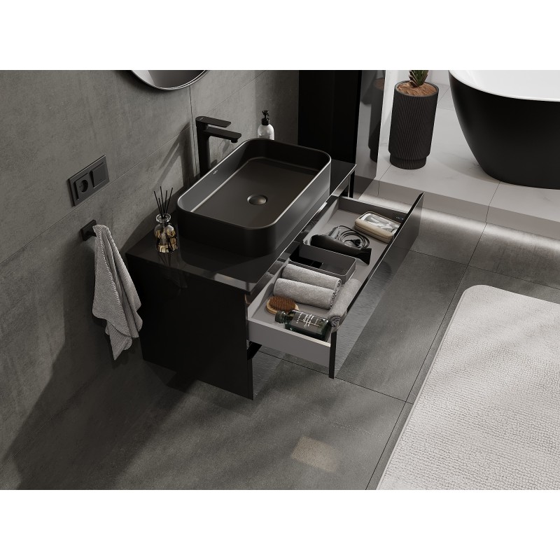 Mexen Orio koupelnová skříňka pod umyvadlo 90 cm s deskou, 2 zásuvky, černý lesk - 91A10-09047-2-BFFC70