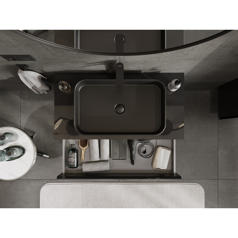 Mexen Orio koupelnová skříňka pod umyvadlo 90 cm s deskou, 2 zásuvky, černý lesk - 91A10-09047-2-BFFC70